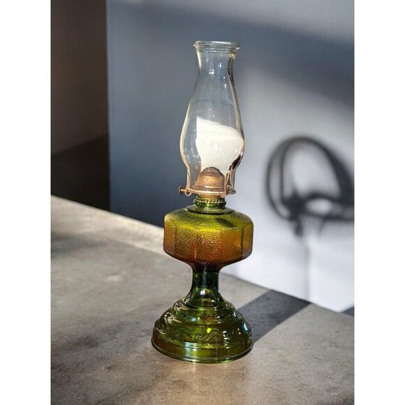 Vintage Green Glass Oil Lamp with Chimney 1900-1940 Reproduction - Picture 1 of 3